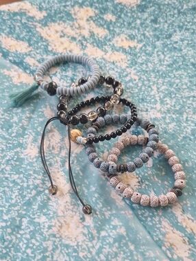 Stacked Beaded Bracelet Set in Light Blue, Black, and White